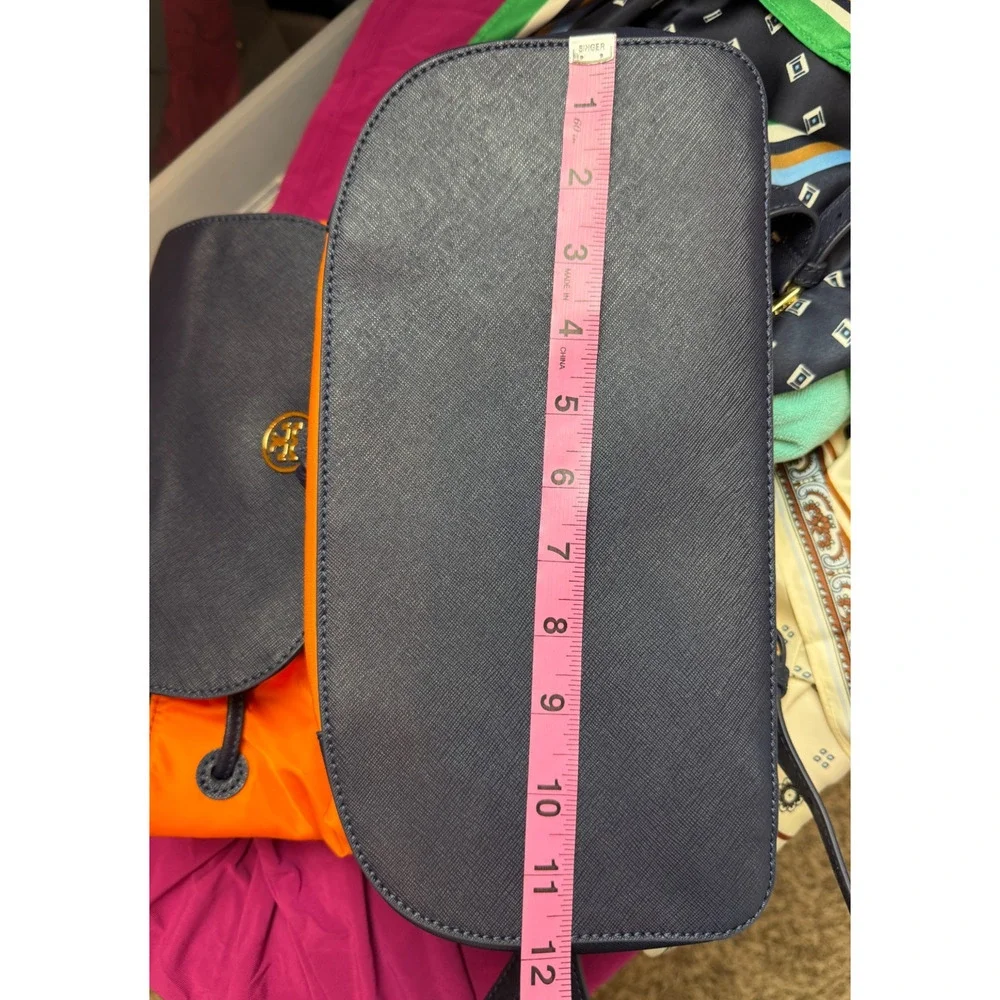 TORY BURCH Dena dark blue orange nylon drawstring flap backpack